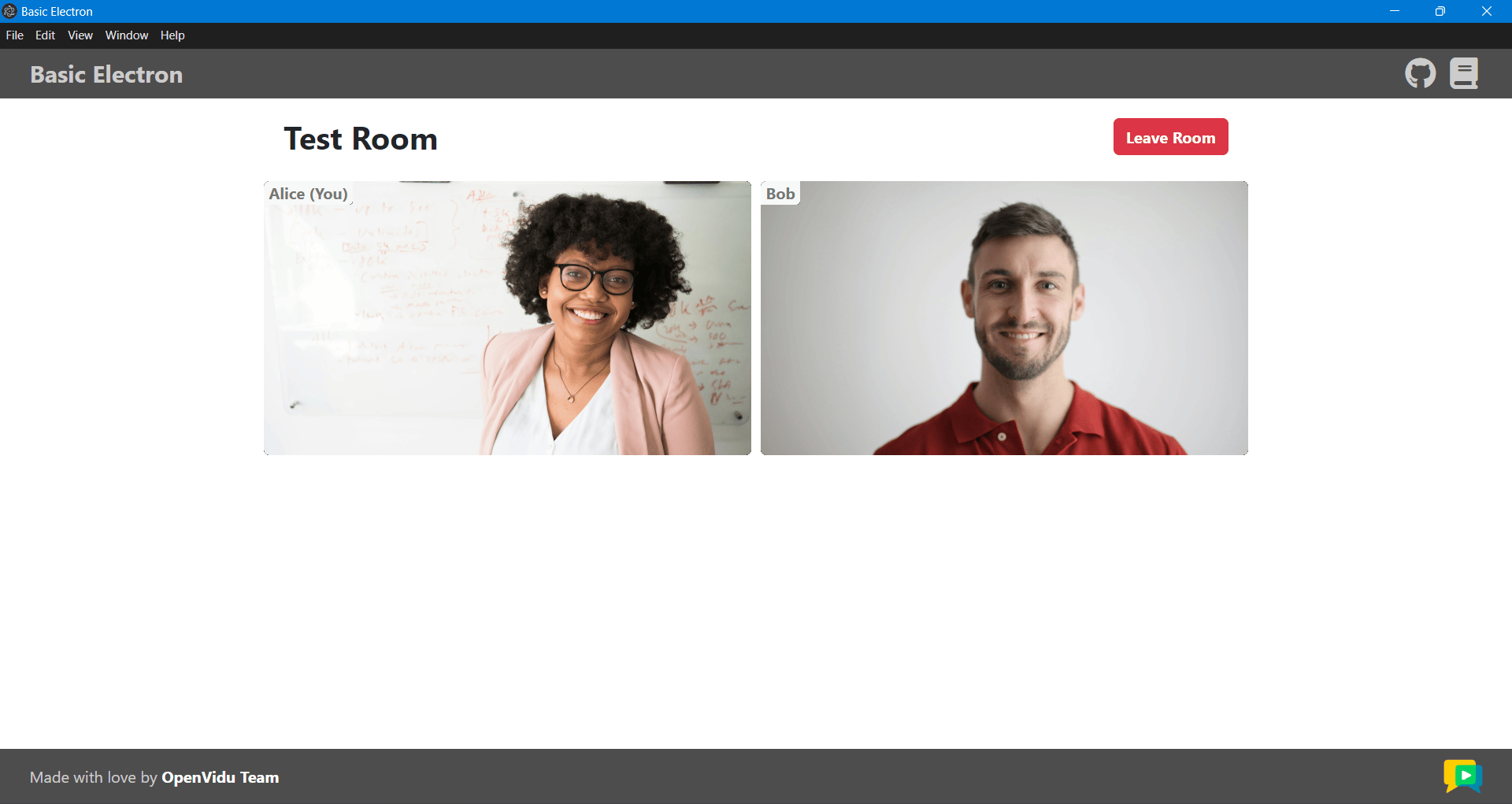 Video call room of the Electron tutorial app