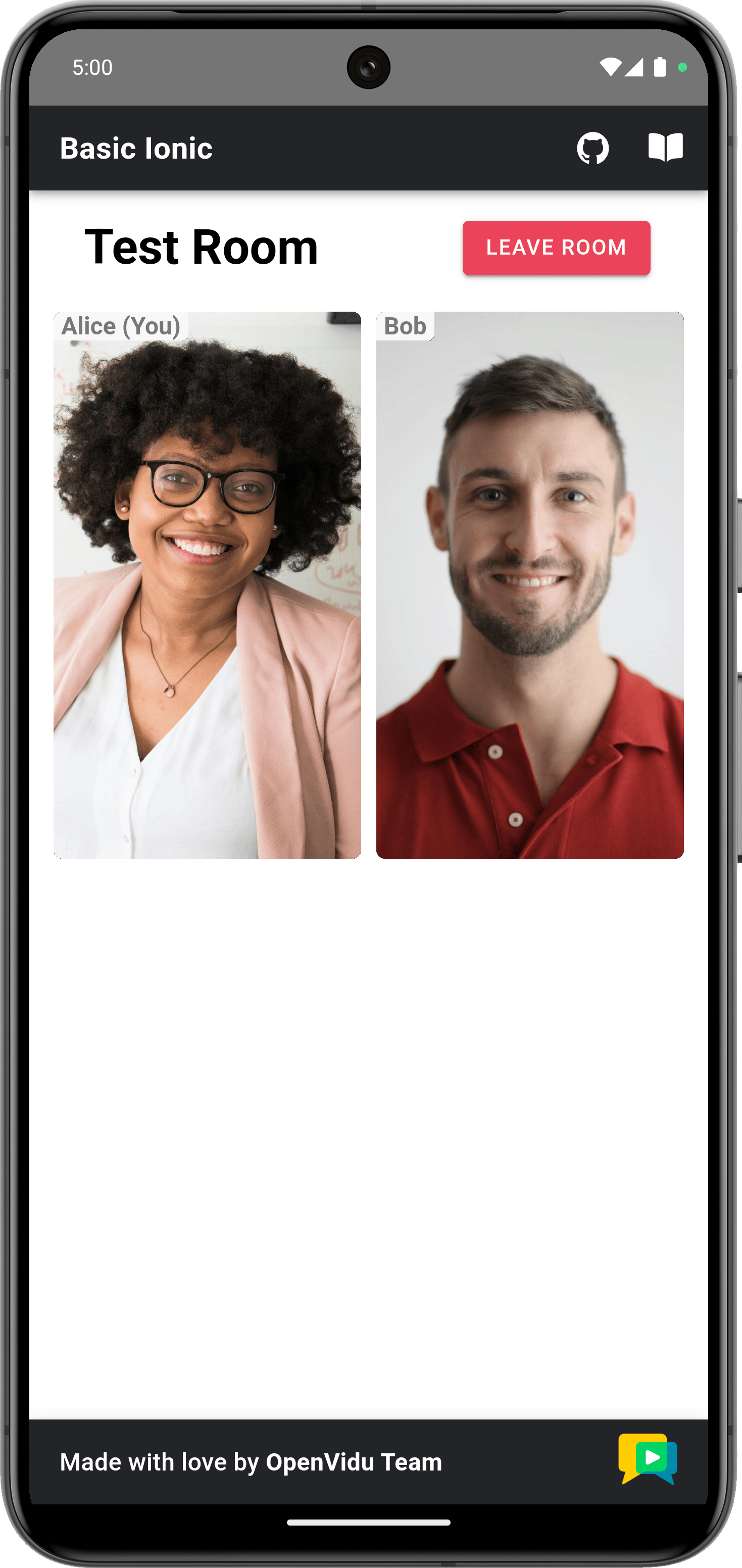 Video call room of the Ionic tutorial app on a mobile device