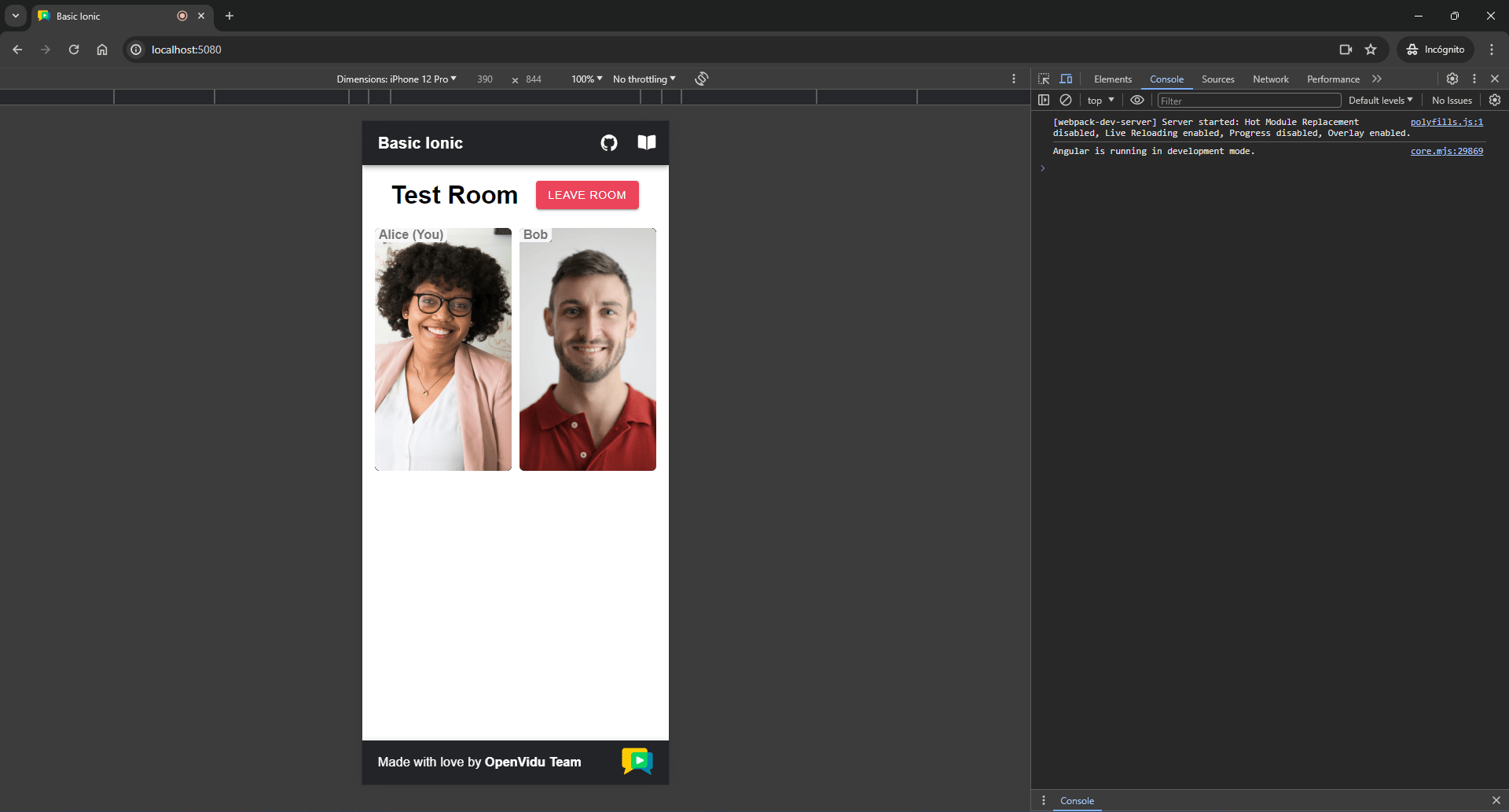Video call room of the Ionic tutorial app in a browser