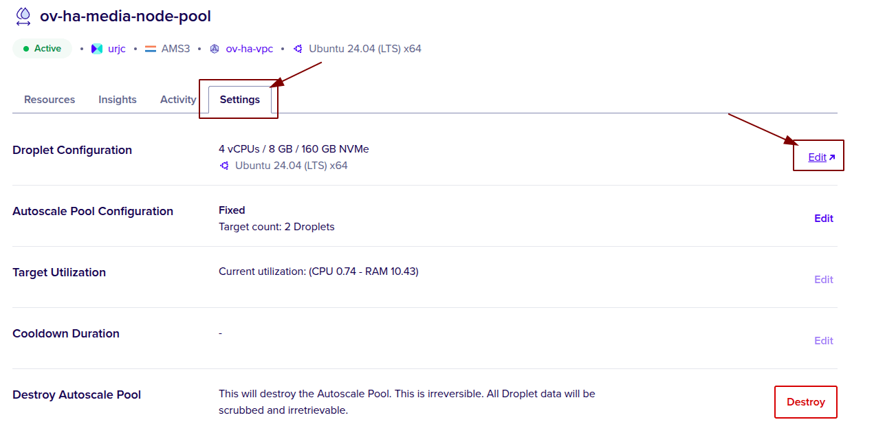 Edit Droplet Configuration Location Autoscale Pool