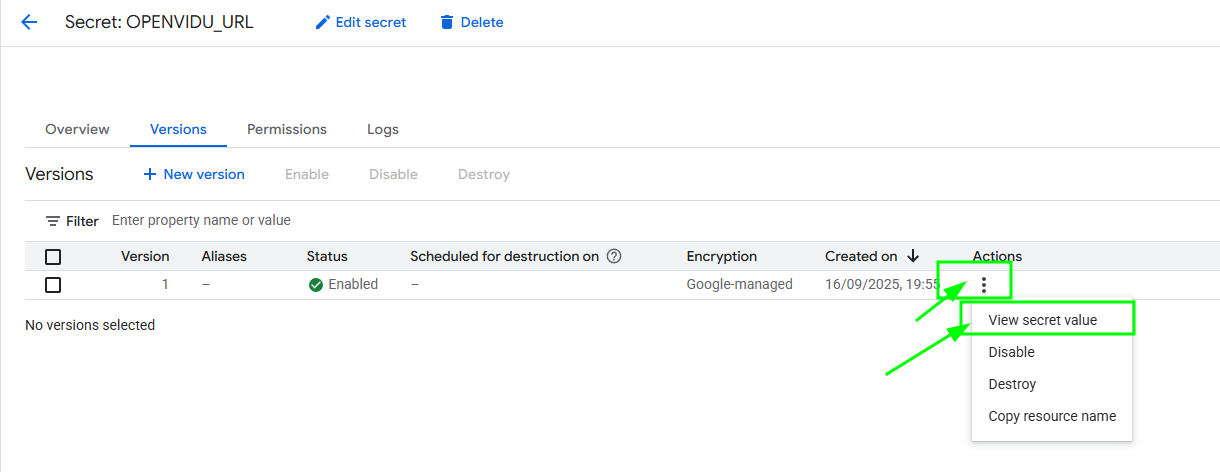 Google Cloud Platform Secrets version